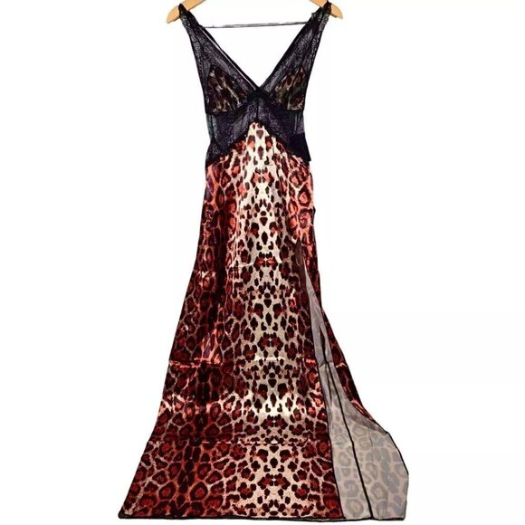 NWT Fredericks of Hollywood Satin Maxi Gown Sz.S Leopard Print Black Lace Sheer - Picture 4 of 10